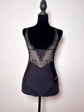 Vtg Y2K DKNY Black Mesh Lace Teddy Bodysuit Swiss Dot Mesh Paneling Size XS